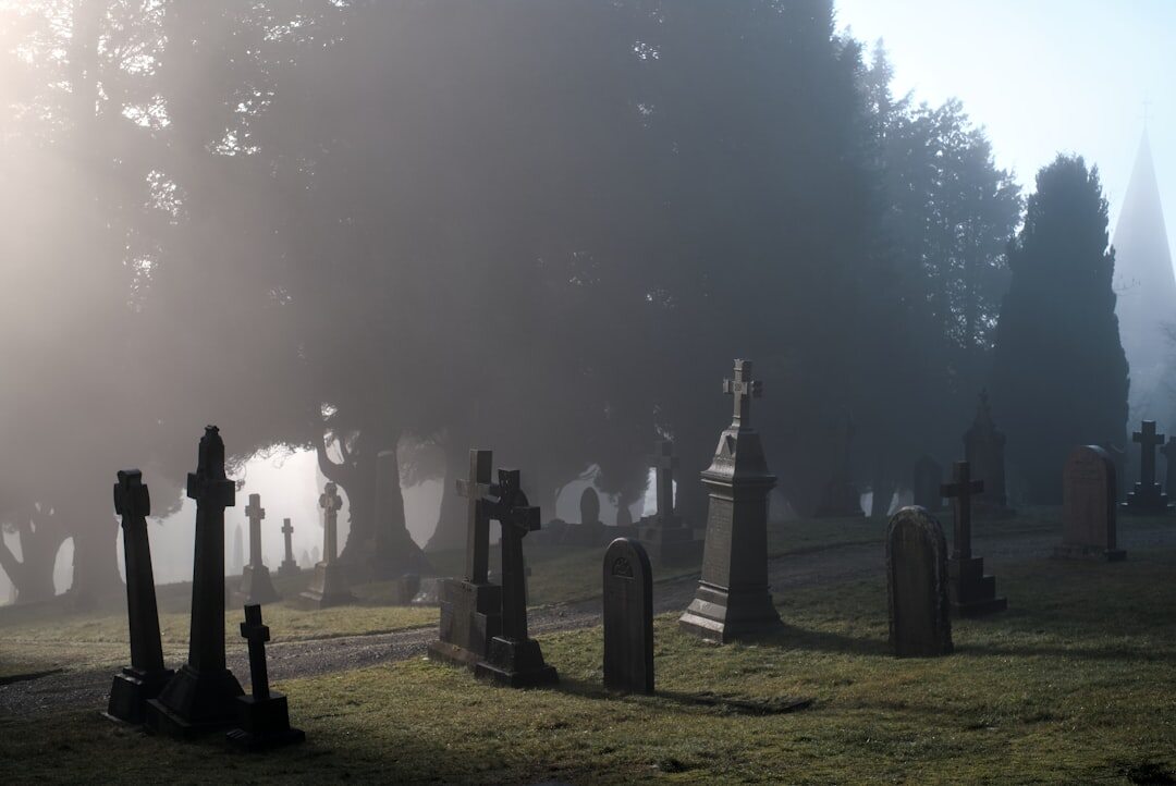 foggy graveyard at night